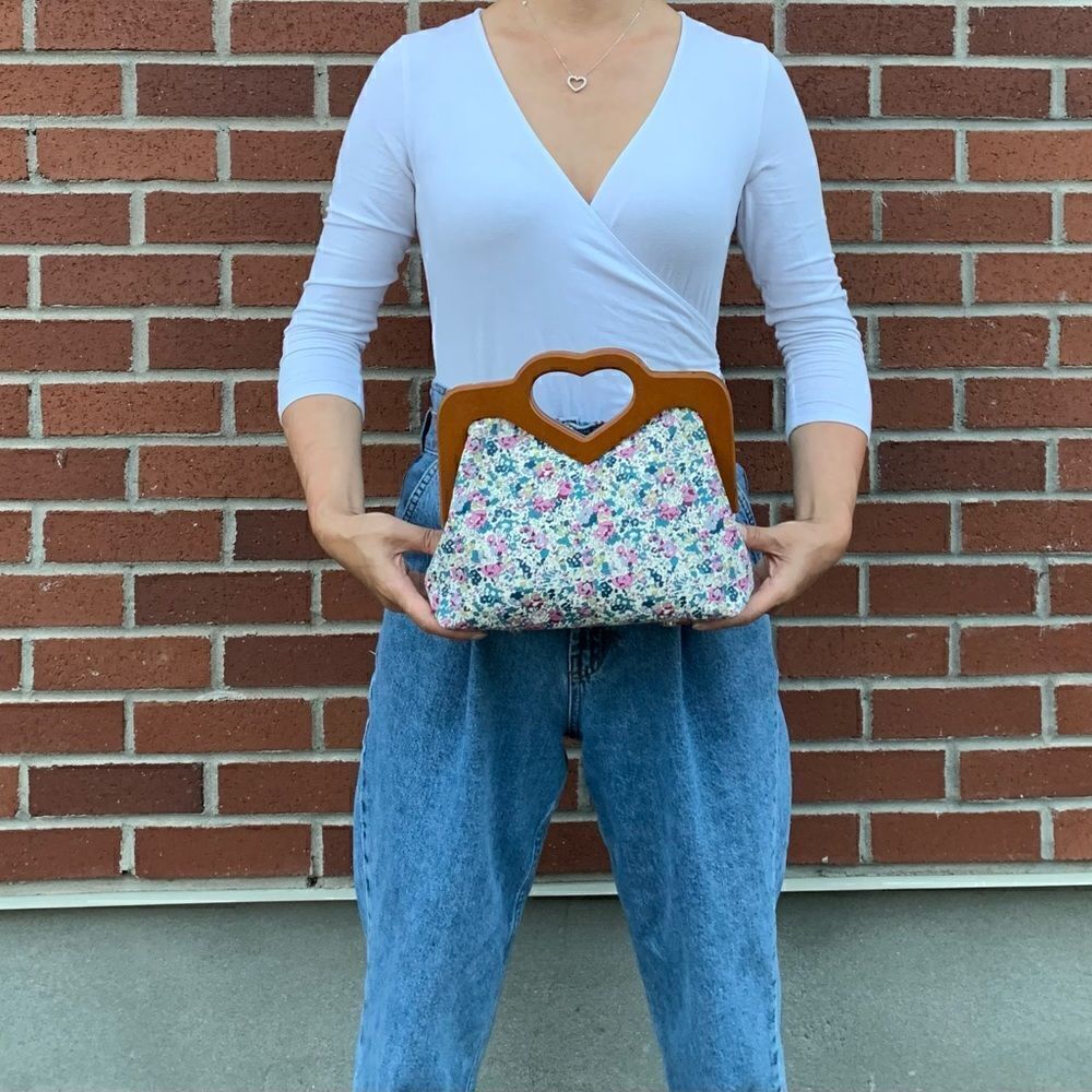 Handmade Large Genuine Printed Floral Leather Wooden Frame Bag with Small Purse - Picture 6 of 16